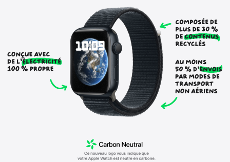 Copie d'écran du site Apple montrant une Apple Watch prétendument neutre en carbone